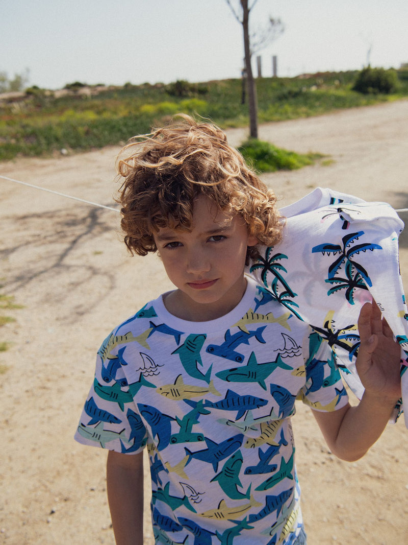 Weißes T-Shirt mit Hai-Print für Jungen