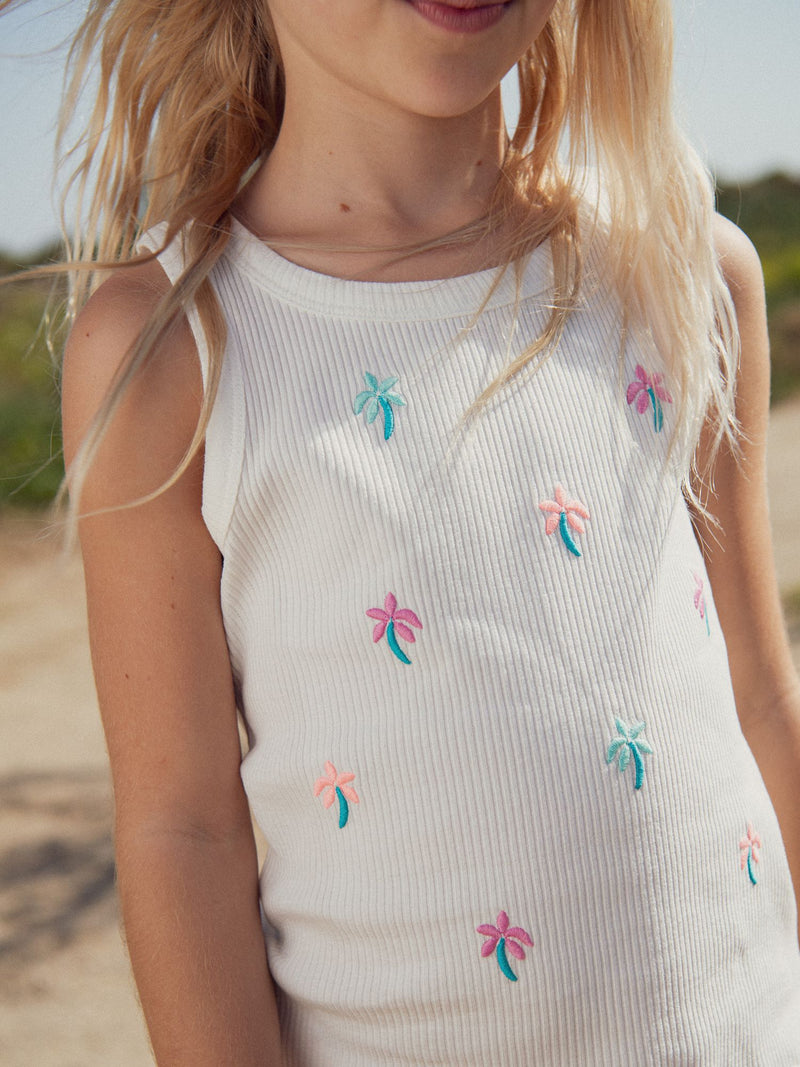 Ecru-Spitzen-Tanktop mit Palmenstickerei für Mädchen