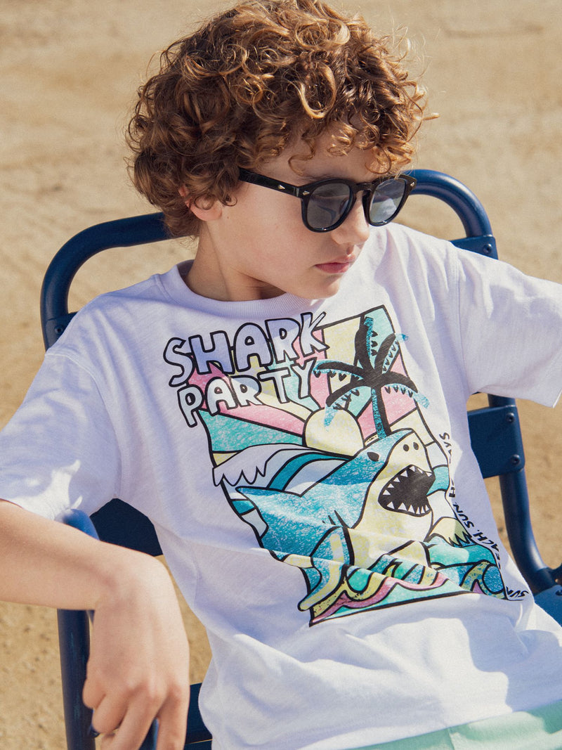 Weißes T-Shirt mit Hai-Animation für Jungen