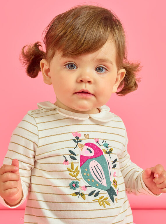 Gestreiftes Baby-Mädchen-T-Shirt mit Vogel- und Blumenmuster MIKABRA / 21WG09I1BRA001