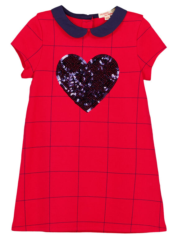 Kurzärmeliges kariertes Kleid mit Claudine-Kragen und aufgesticktem Paillettenherz. GAJOROB5 / 19W90144D2F050
