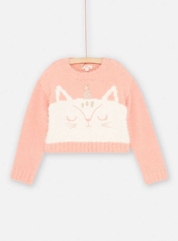 Lachsfarbener und ungebleichter Pullover mit Katzen-Einhorn-Motiv für Mädchen SADUPULL / 23W901P1PUL401