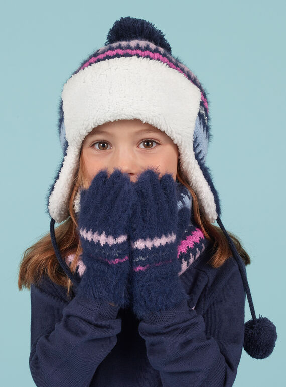 Kind Mädchen blaue Kunstfellhandschuhe mit Jacquardmuster MYAPLAGAN / 21WI0161GANC202