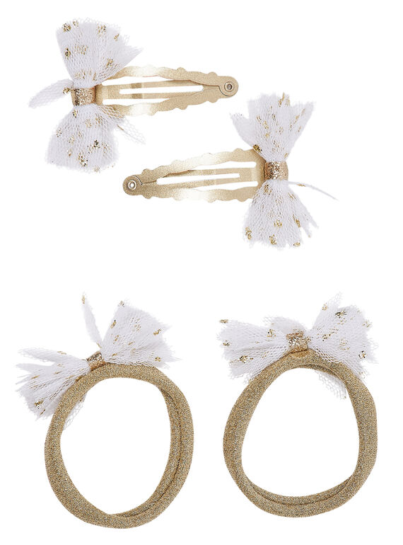 Set aus 2 Glitzer-Gummibändern mit weißen Tüllblüten + 2 GOLD-Clips mit weißen Tüllblüten.  GOLDFARBIGES Glitzerspray auf dem Tüll JYASOCLIC2 / 20SI0181BRTK008