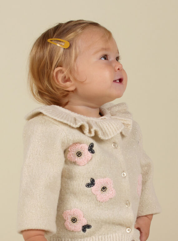 Baby Mädchen ecrufarbene Strickjacke mit Rüschenkragen und Blumen MIHICAR1 / 21WG09U1CAR003