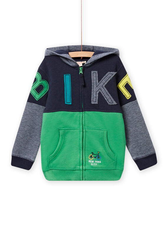 Kind Junge dreifarbiger Kapuzenpullover mit Fahrrad-Schriftzug NOGAGIL / 22S902O1GIL705