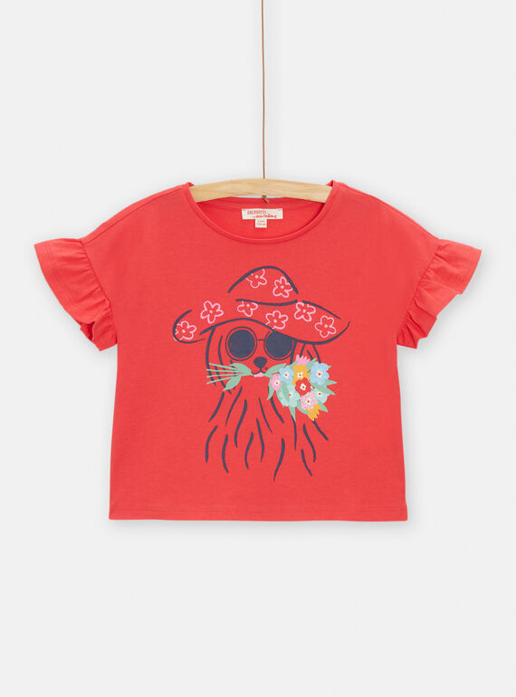 Rotes T-Shirt mit Hundemotiv und Blumen für Mädchen TACLUTI4 / 24S901O1TMCF506