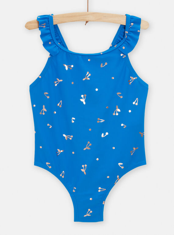 Einteiliger Badeanzug für Mädchen in ägyptischem Blau mit Kirschendruck TYAMER1 / 24SI01G4MAIC228