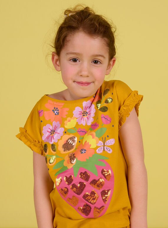 Safranfarbenes T-Shirt für ein Kind Mädchen mit Erdbeer- und Blumenmotiven NAHOTI1 / 22S901T1TMC109