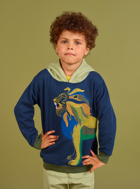 Blauer Kapuzenpullover für Jungen mit Löwenprint MOKASWE / 21W902I1SWE705