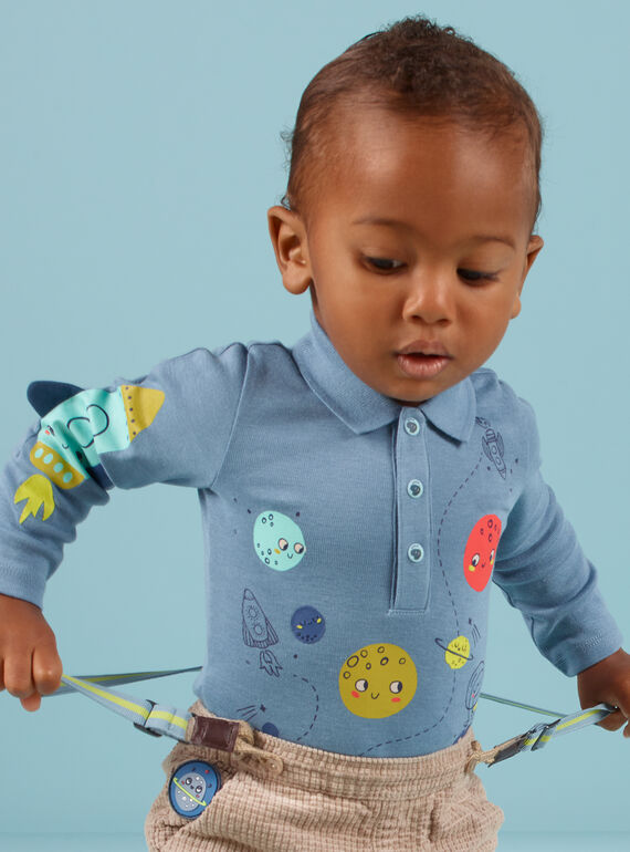 Blau melierter Strampler für Baby Junge mit Weltraumkragen MUPLABOD / 21WG10O1BODC224