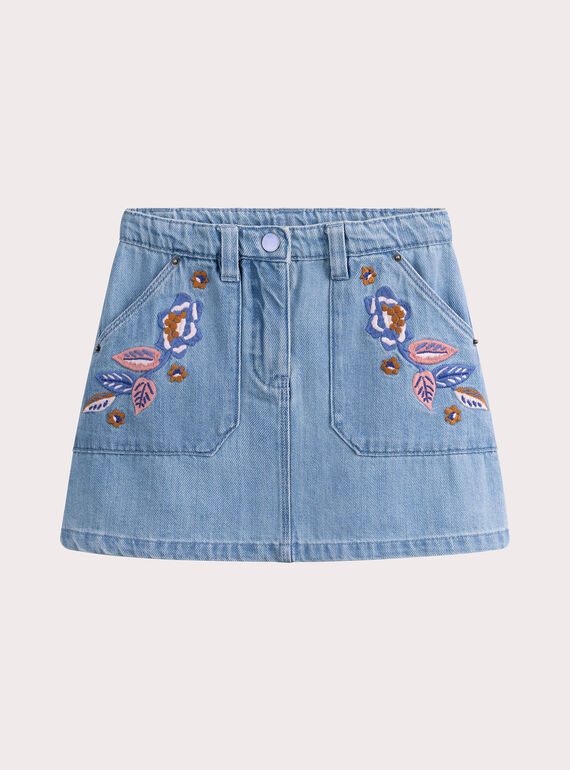 Rock aus blauem Denim mit Blumenstickerei für Mädchen VADAJUP1 / 24W90121JUPP272