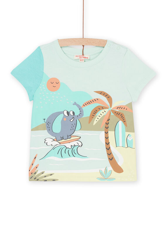 Wassergrünes T-Shirt mit Surfer-Elefant und Strandmotiv RUEXOTI2 / 23SG10V2TMC614