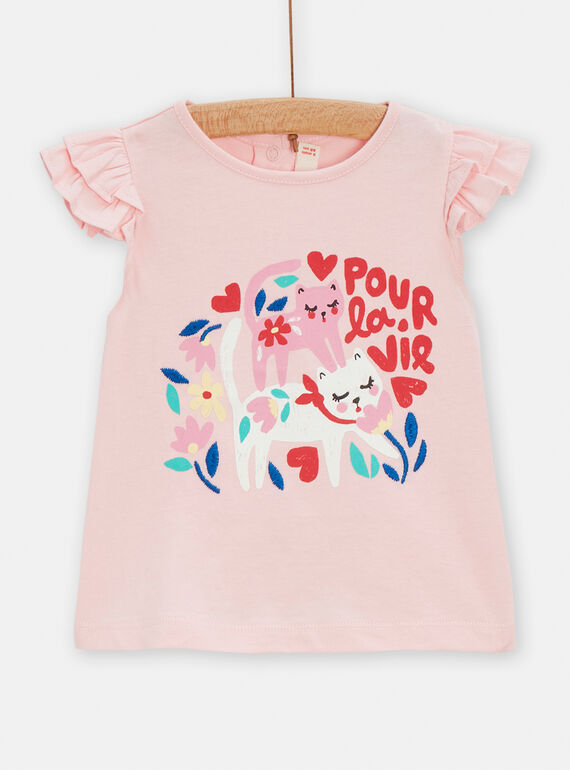 Rosa T-Shirt mit Katzen- und Blumenmotiven für Baby-Mädchen TICLUTI2 / 24SG09O1TMCD328
