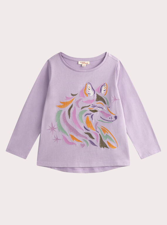 Lila T-Shirt mit Wolfsmotiv und Stickereien für Mädchen VAPERTEE1 / 24W901R1TML326