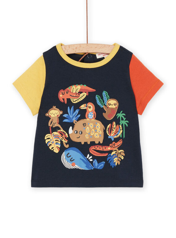 Nachtblaues T-Shirt mit gelben und orangefarbenen Ärmeln RUJUNTI1 / 23SG10U2TMC713