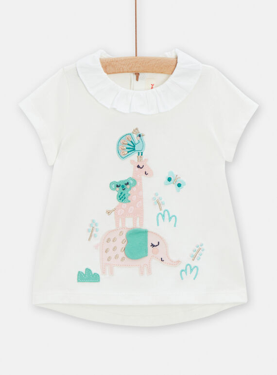 Baby-Mädchen-T-Shirt in Ecru mit Tier-Animation TICOBRA / 24SG09N1BRA001