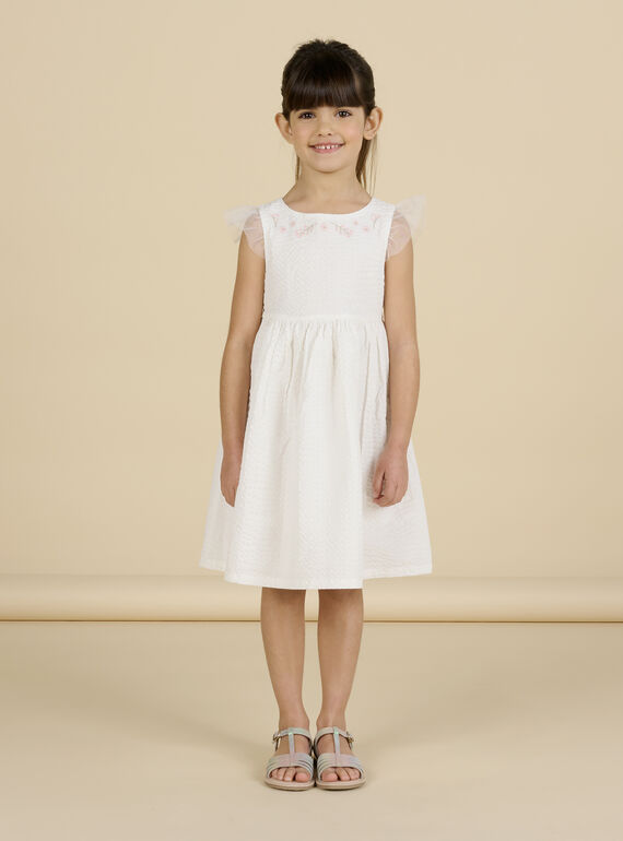 Kind Mädchen Kleid in ecru mit Blumenstickerei, Tüll und Seersucker NASOROB5 / 22S901Q5ROB001