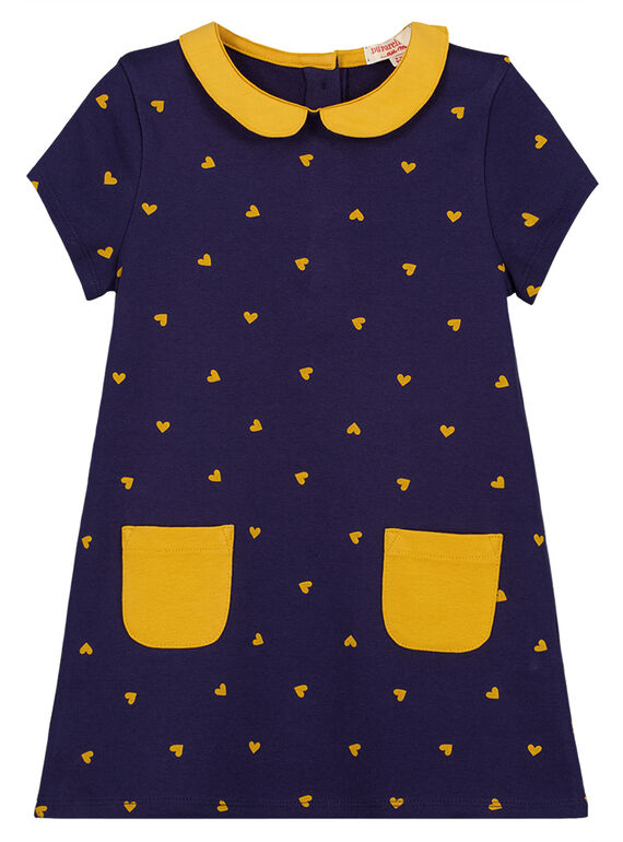 Kurzärmeliges Kleid mit Claudine-Kragen, gelbem Punkte-Print und gelben Taschen am unteren Saum. GAJOROB2 / 19W90142D2F070
