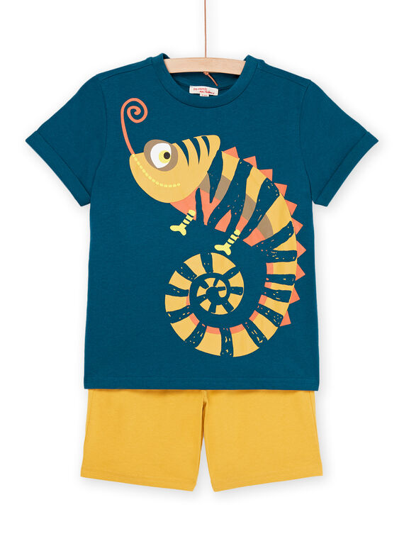 Blaues T-Shirt mit Chamäleon-Muster und gelbe Bermuda-Shorts ROPLAENS4 / 23S902P2ENSC217