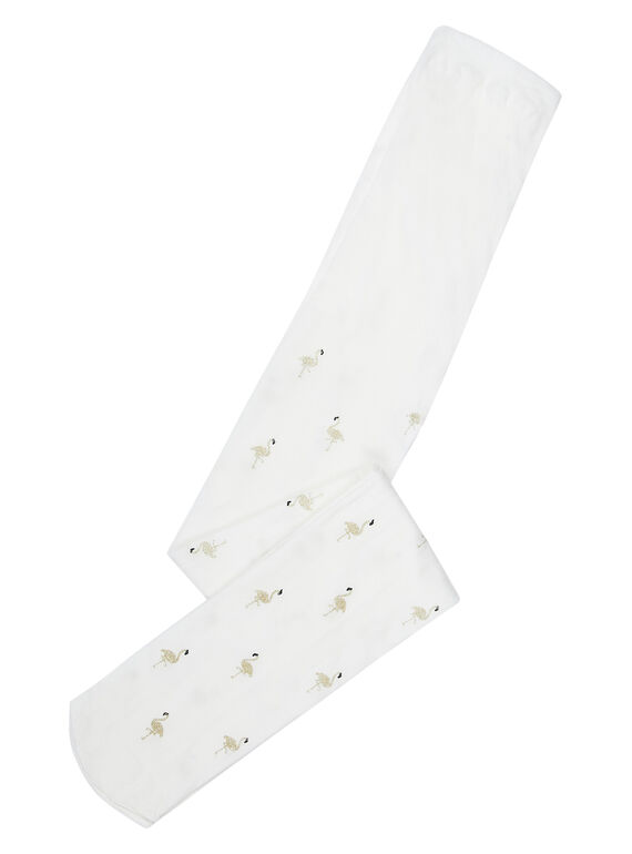 Weiße Polyamid-Strumpfhose für Mädchen mit rosa Glitzerflamingo-Print JYAPOECOL / 20SI01G1COL000
