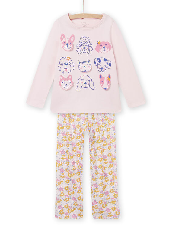 Schlafanzug-Set rosa T-Shirt und Hose mit Hunde- und Blumenmuster für Kind Mädchen NEFAPYJDOG / 22SH11G3PYJD326