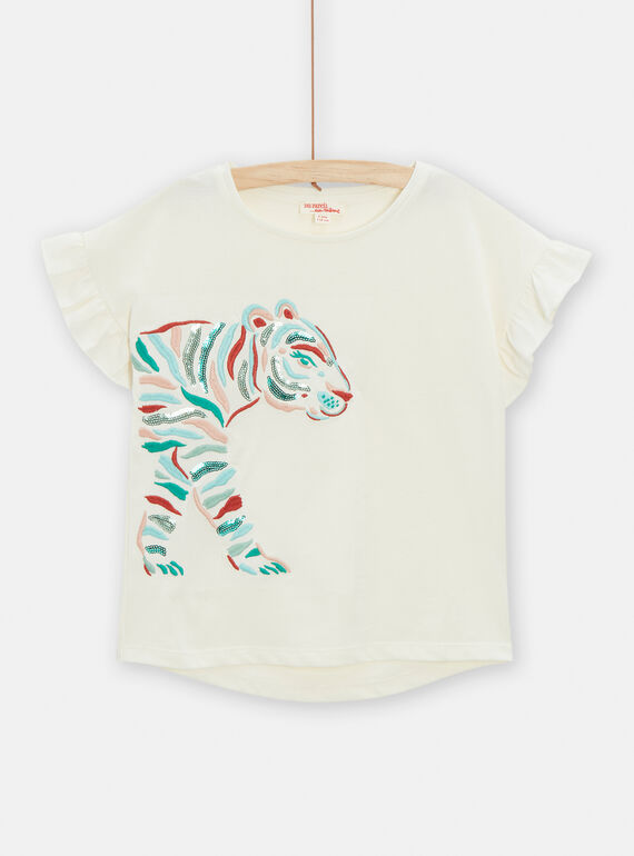 Mädchen-T-Shirt in Ecru mit Tiger-Animation TACOTI4 / 24S901N2TMC001