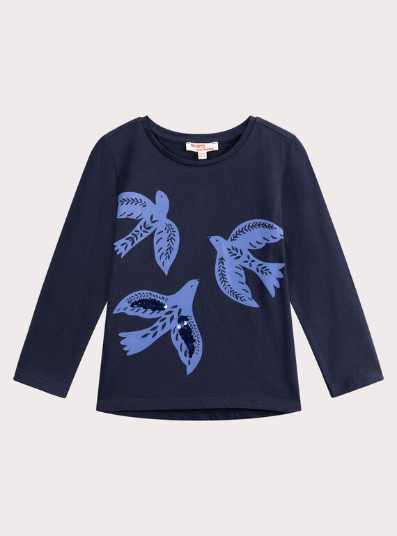 Marineblaues T-Shirt mit Vogelmotiv für Mädchen VAJOYTEE1 / 24W901G3TML070