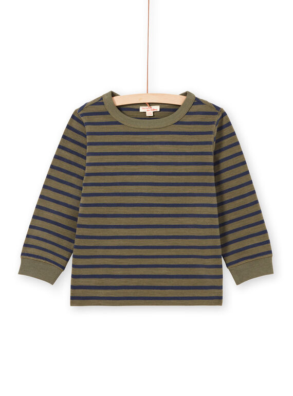 Langarm-T-Shirt für Jungen mit khaki- und marineblauen Streifen MOJOTIRIB3 / 21W90225TMLG631