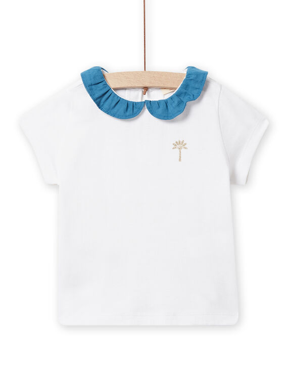 Ecru-T-Shirt mit petrolblauem Rüschenkragen für Baby Mädchen NIJOBRA6 / 22SG09C4BRA000