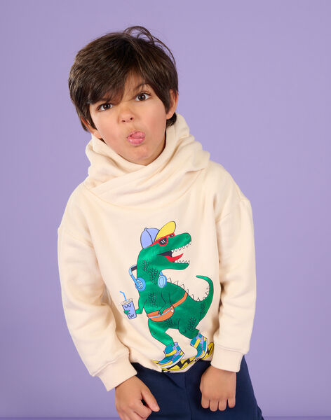 Cremeweißer Kapuzenpullover mit Dinosaurier-Muster ROPURSWE2 / 23S902L1SWEA002