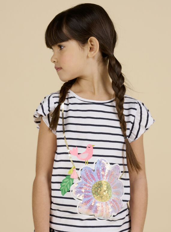 Kind Mädchen ecru gestreiftes Animations-T-Shirt mit Blumentasche NASOTI3 / 22S901Q3TMC001