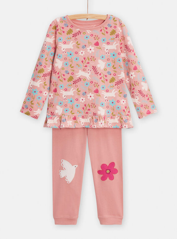 Rosa Pyjama mit Hasen-, Blumen- und Vogelmuster für Mädchen TEFAPYJRAB / 24SH1149PYJD319