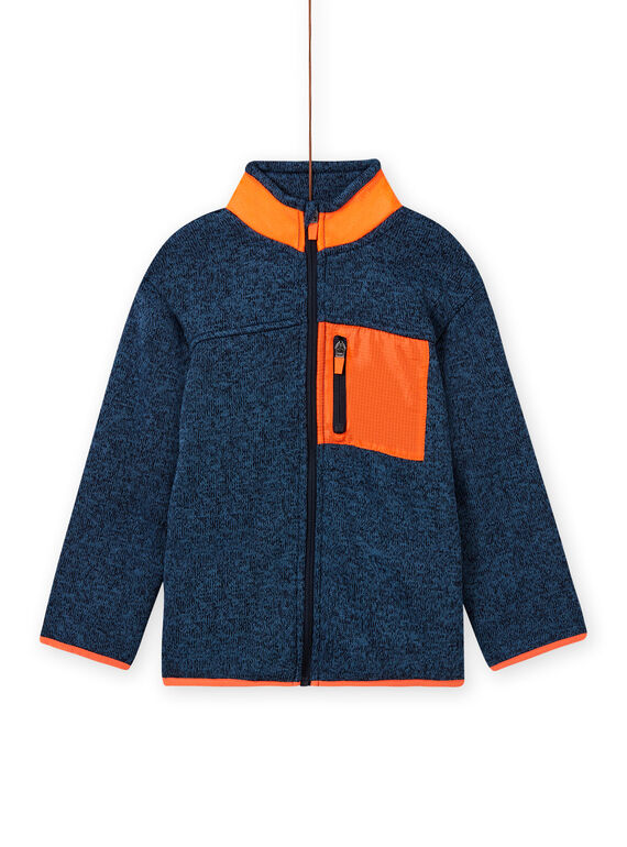 Blau-grau melierte Strickjacke für Jungen mit orangefarbenen Einsätzen MOJOGITEK3 / 21W90213GIL219