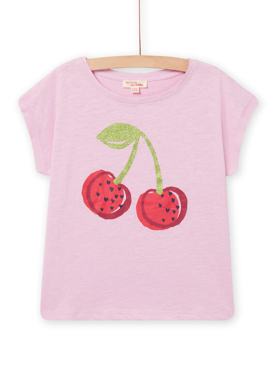 Kind Mädchen fliederfarbenes T-Shirt mit Kirschenmuster NAJOTI10 / 22S901C5TMCH700