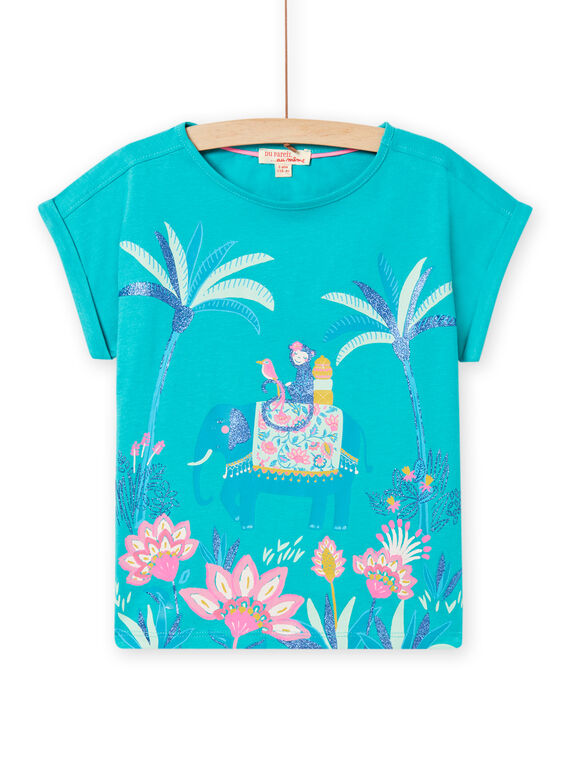 Kind Mädchen türkisfarbenes T-Shirt mit Elefantenmotiv NAGATI2 / 22S901O1TMC202