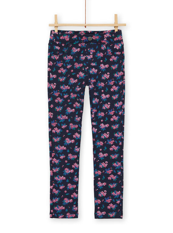 Dunkelblauer und rosa Blumendruck gebürsteter Vlies-Jeggings LAJOPANT1 / 21S90133D2BC205