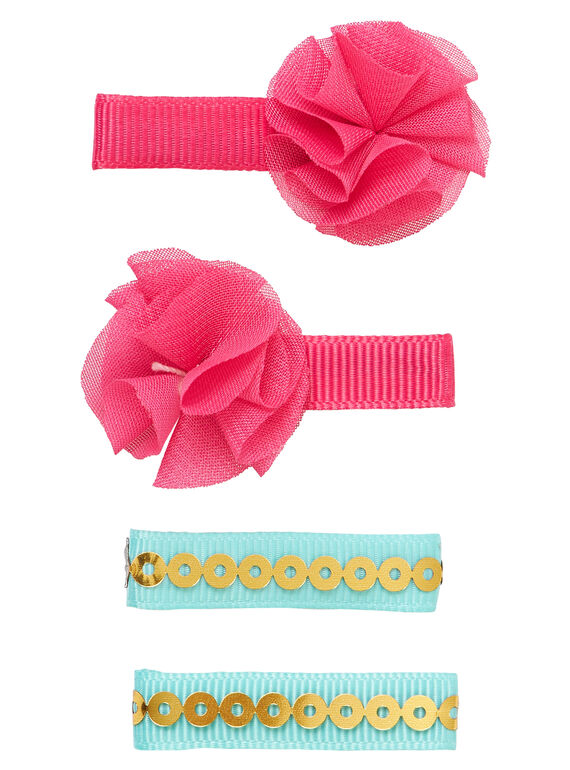 Set mit 4 Clips – 2 rosafarbene (mit T/T-Blüten) und 2 türkisfarbene mit Goldpailletten JYAWECLIC1 / 20SI0191BRT955