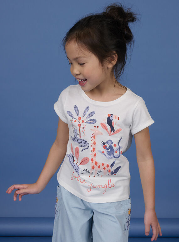 Weißes T-Shirt mit Dschungelmotiv für Kind Mädchen NASANTI2 / 22S901S3TMC001
