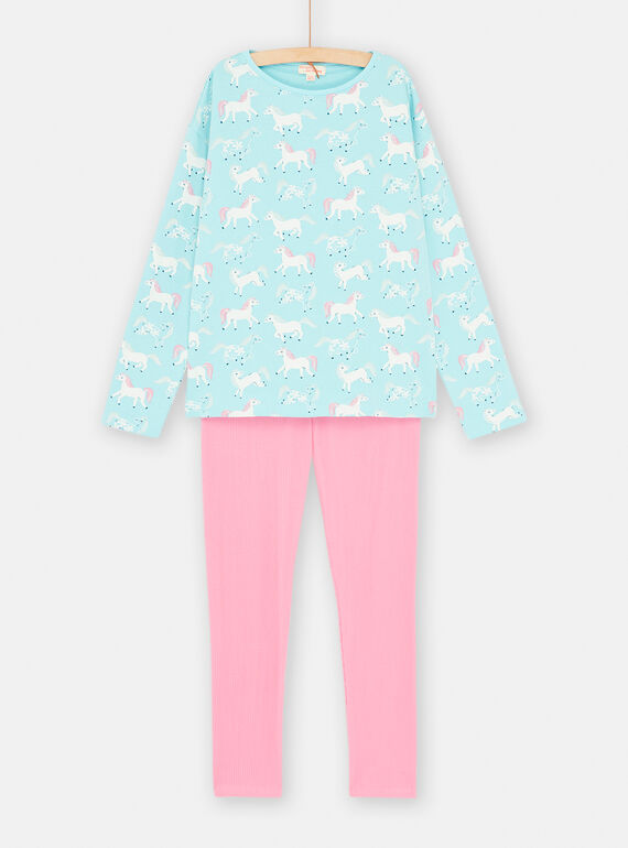 Kinderpyjama in Ozeanblau und Rosa mit Einhornmuster SEFAPYJPAN / 23WH1144PYJC244