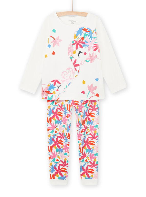Pyjama-Set T-Shirt und Hose ecru Elefanten bunt Kind Mädchen NEFAPYJLOV / 22SH11E4PYJ001