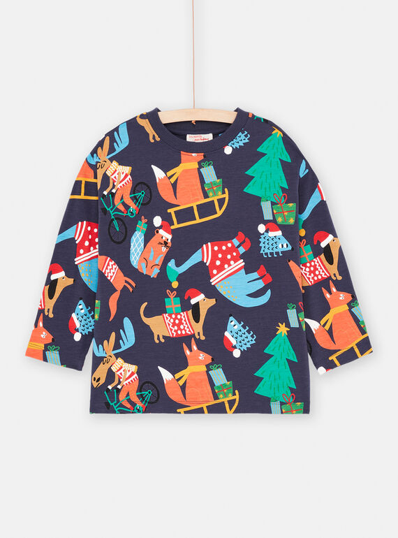 Nachtblaues T-Shirt mit Weihnachtsaufdruck für Jungen SOWAYTEE / 23W902S1TML705