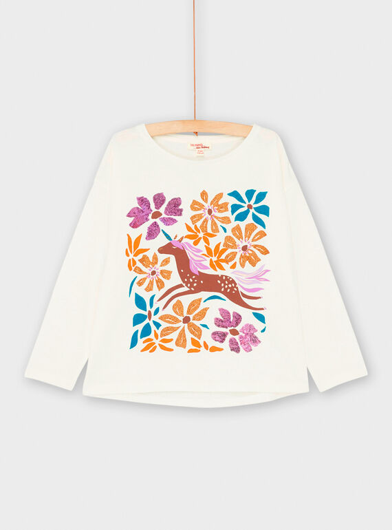 Ecru T-Shirt mit Einhorn- und Blumenmuster für Mädchen SAVERTEE1 / 23W901J2TML001