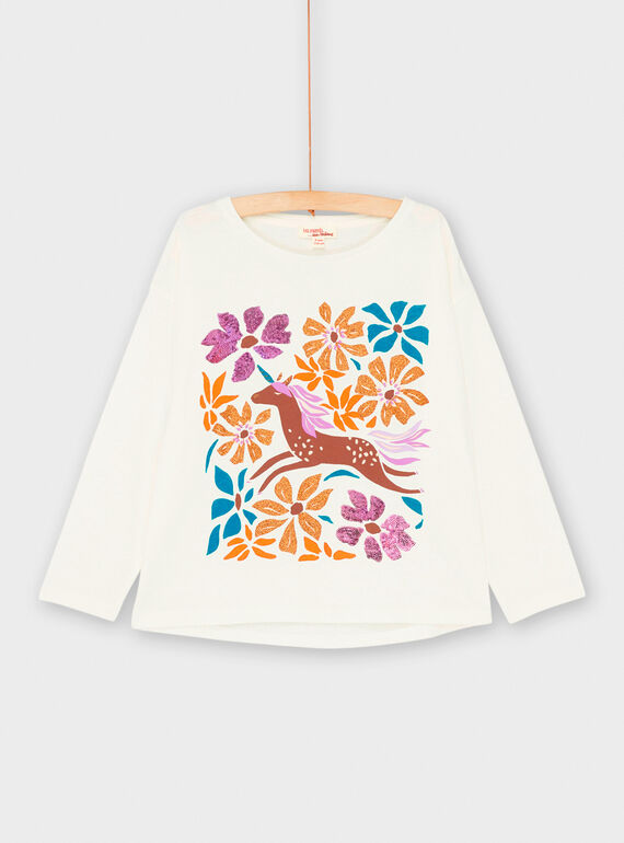 Ecru T-Shirt mit Einhorn- und Blumenmuster für Mädchen SAVERTEE1 / 23W901J2TML001