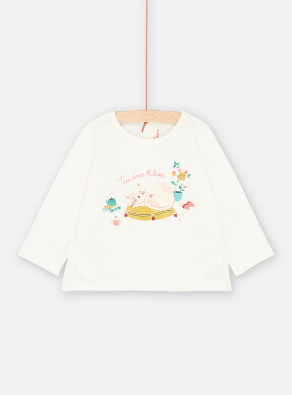 T-Shirt für Baby-Mädchen in Ecru mit Motiv Schlafende Katze SIDUTEE / 23WG09P1TML001