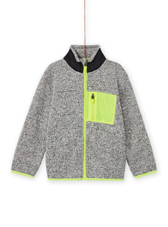Graue Strickjacke für Jungen mit fluoreszierenden gelben und schwarzen Einsätzen MOJOGITEK2 / 21W90214GILJ922