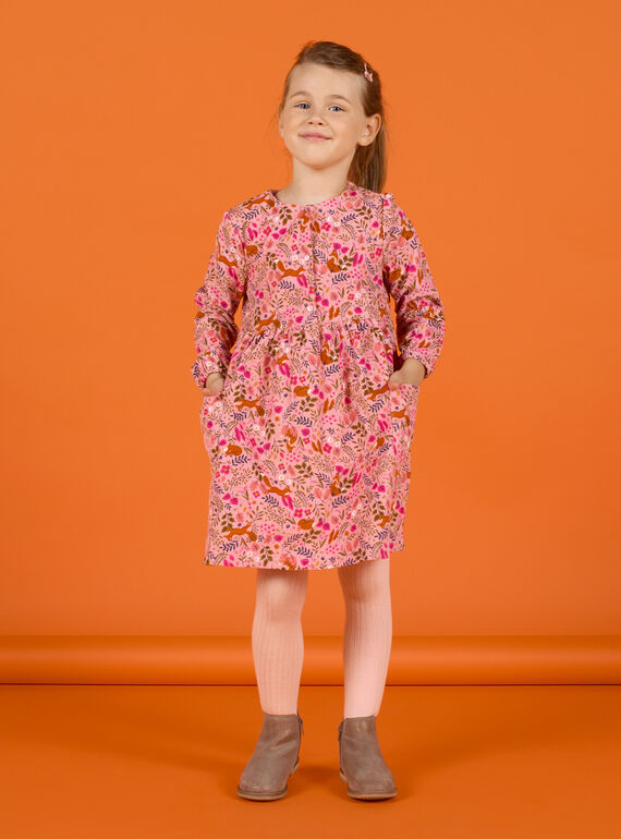 Altrosa Kleid mit ausgefallenem Blumendruck für ein Kind Mädchen MASAUROB1 / 21W901P2ROB303