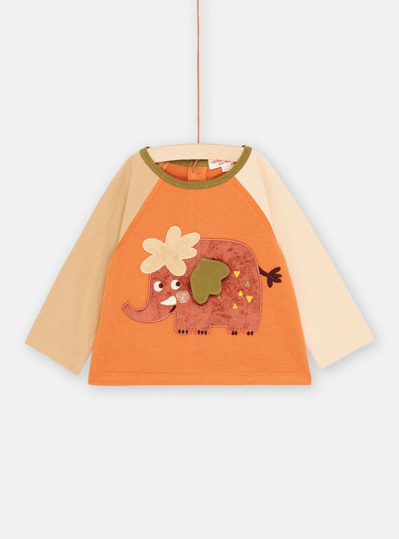 Ziegelsteinfarbenes und beigefarbenes T-Shirt mit Elefantenanimation für Baby-Jungen SUCOUTEE1 / 23WG10L3TML403