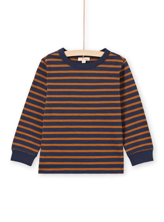 Langarm-T-Shirt für Jungen mit braunen und marineblauen Streifen MOJOTIRIB4 / 21W9022BTML812