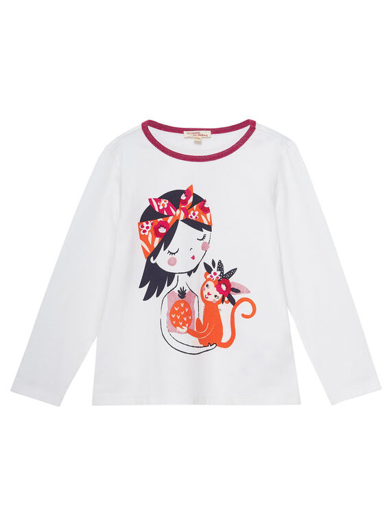Naturweißes T-Shirt für Mädchen, bedruckt und mit kleinem Affen JAVITEE1 / 20S901D2TML001